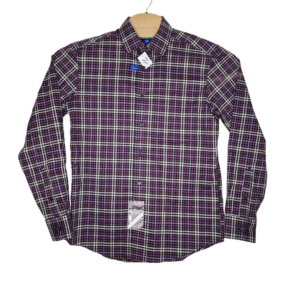 Egara Men's M Long Sleeve Slim Fit Button Up Shirt Purple Windowpane Check Plaid